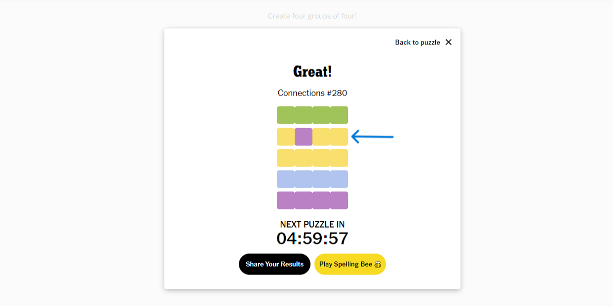 An arrow pointing to the line where a mistake has been made in the Connections results screen.