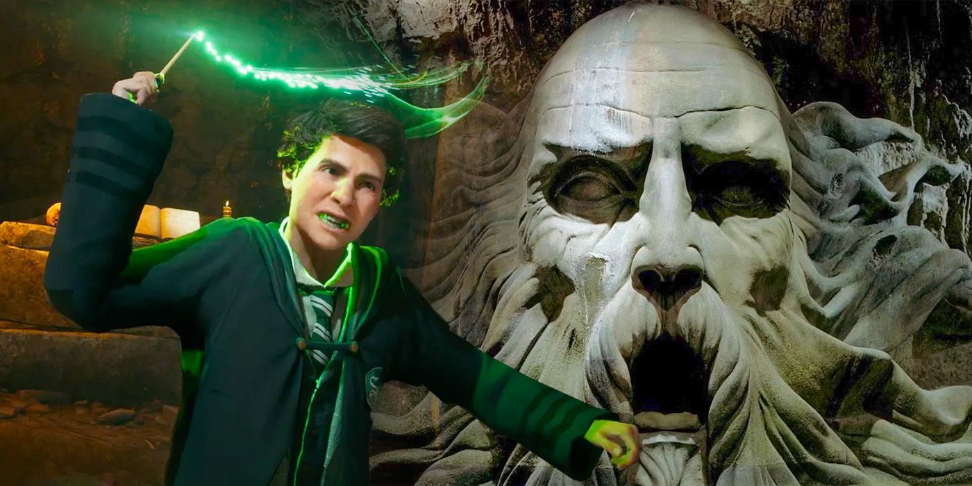 Sebastian from Hogwarts Legacy with the Chamber of Secrets Salazar Slytherin statue