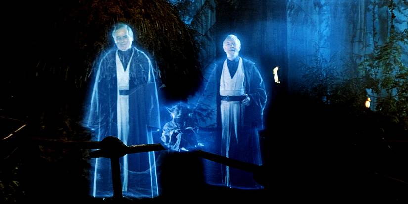 Sebastian Shaw as Anakin Skywalker's Force Ghost, standing next to the spirits of Yoda and Obi-Wan Kenobi, in the 1983 theatrical cut of Star Wars: Episode VI - Return of the Jedi.