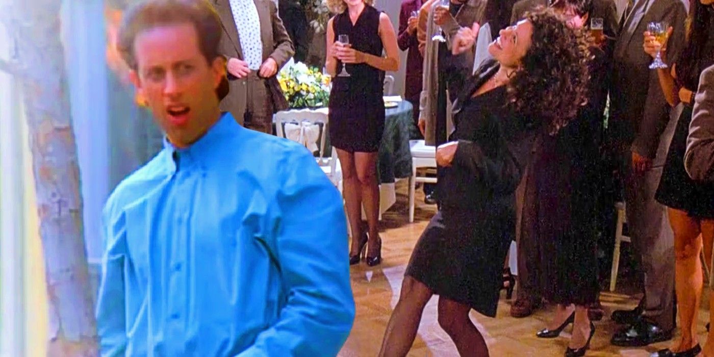 A blended image of Jerry Seinfeld looking appalled and Elaine (Julia Louis-Dreyfus) doing her iconic dance in Seinfeld