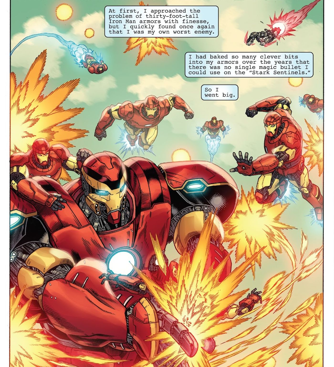 Invincible Iron Man #18, o Sentinel Buster do Homem de Ferro luta contra vários Stark Sentinels. 