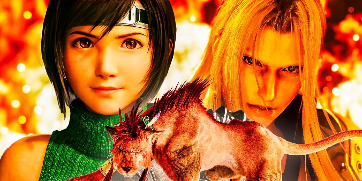 An image of Yuffie, Red XIII, and Sephiroth in front of flames in FF7 Rebirth.