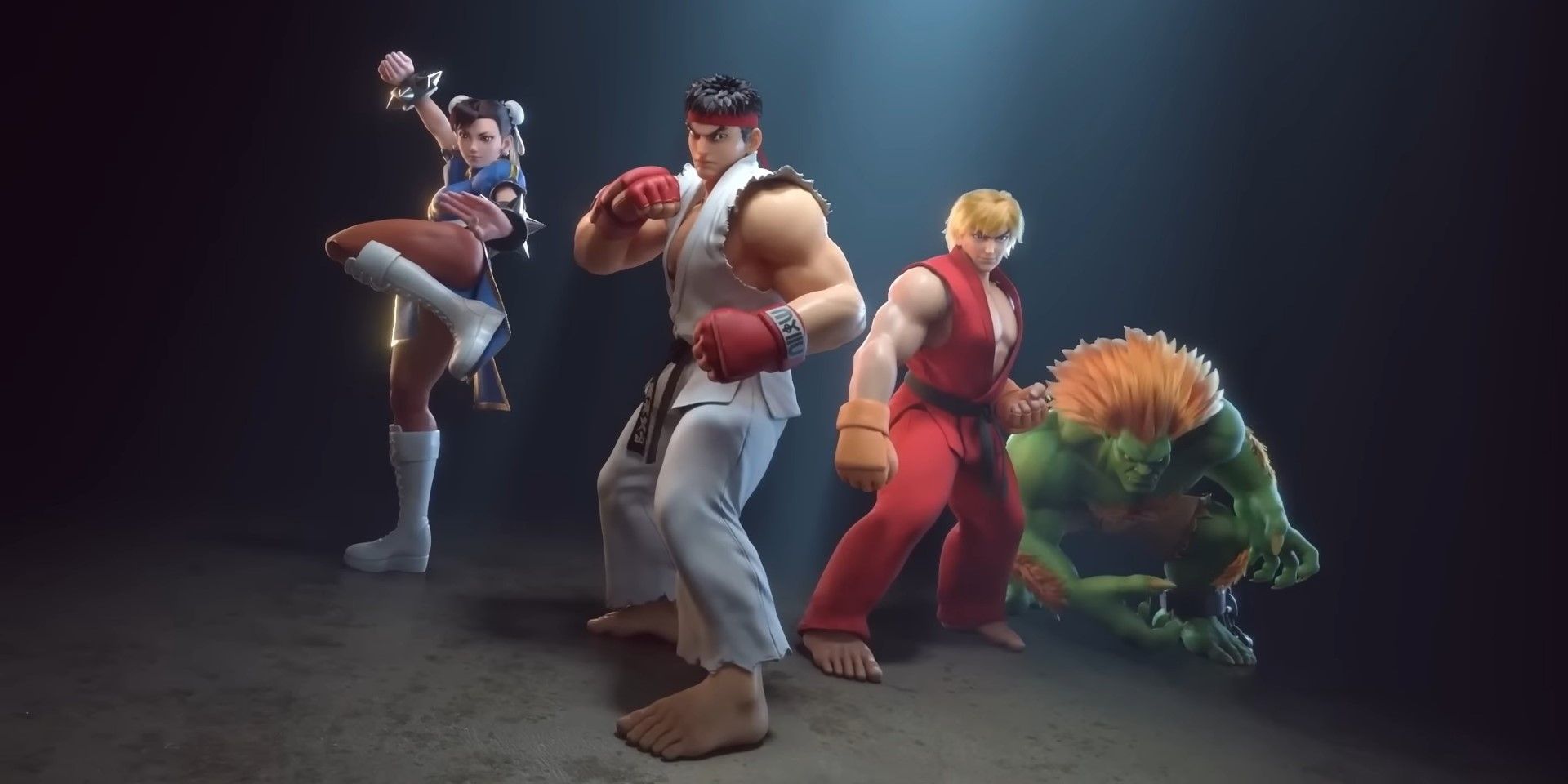From left to right: Chun Li, Ryu, Ken, and Blanka from Street Fighter Duel posing.