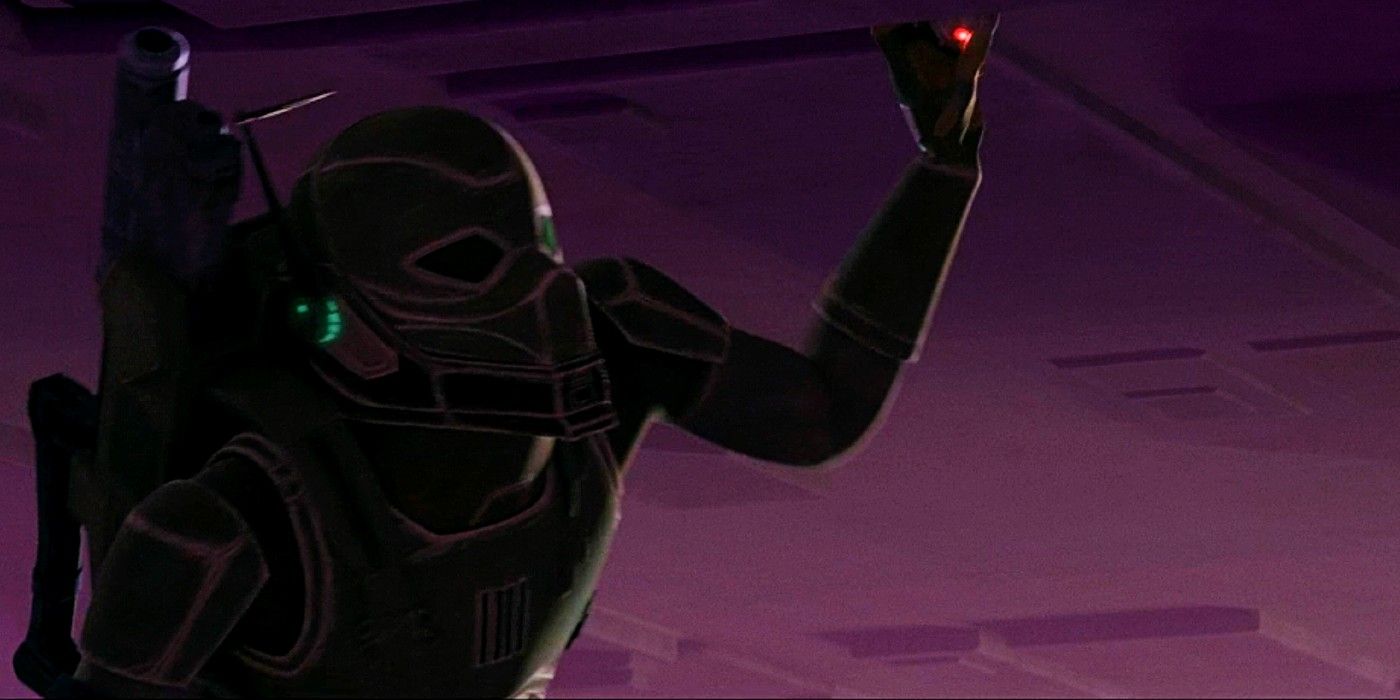 A shadow trooper plants a bomb under a ship in Star Wars: The Bad Batch season 3, episode 6 