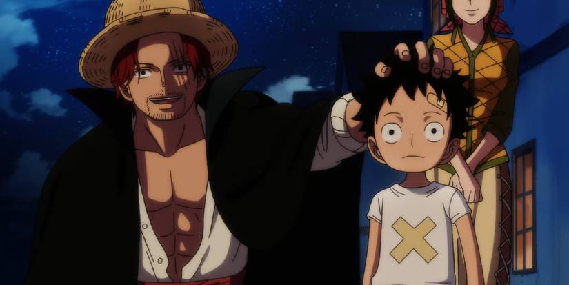 Shanks with his hand on a young luffy's head in One Piece Film Red