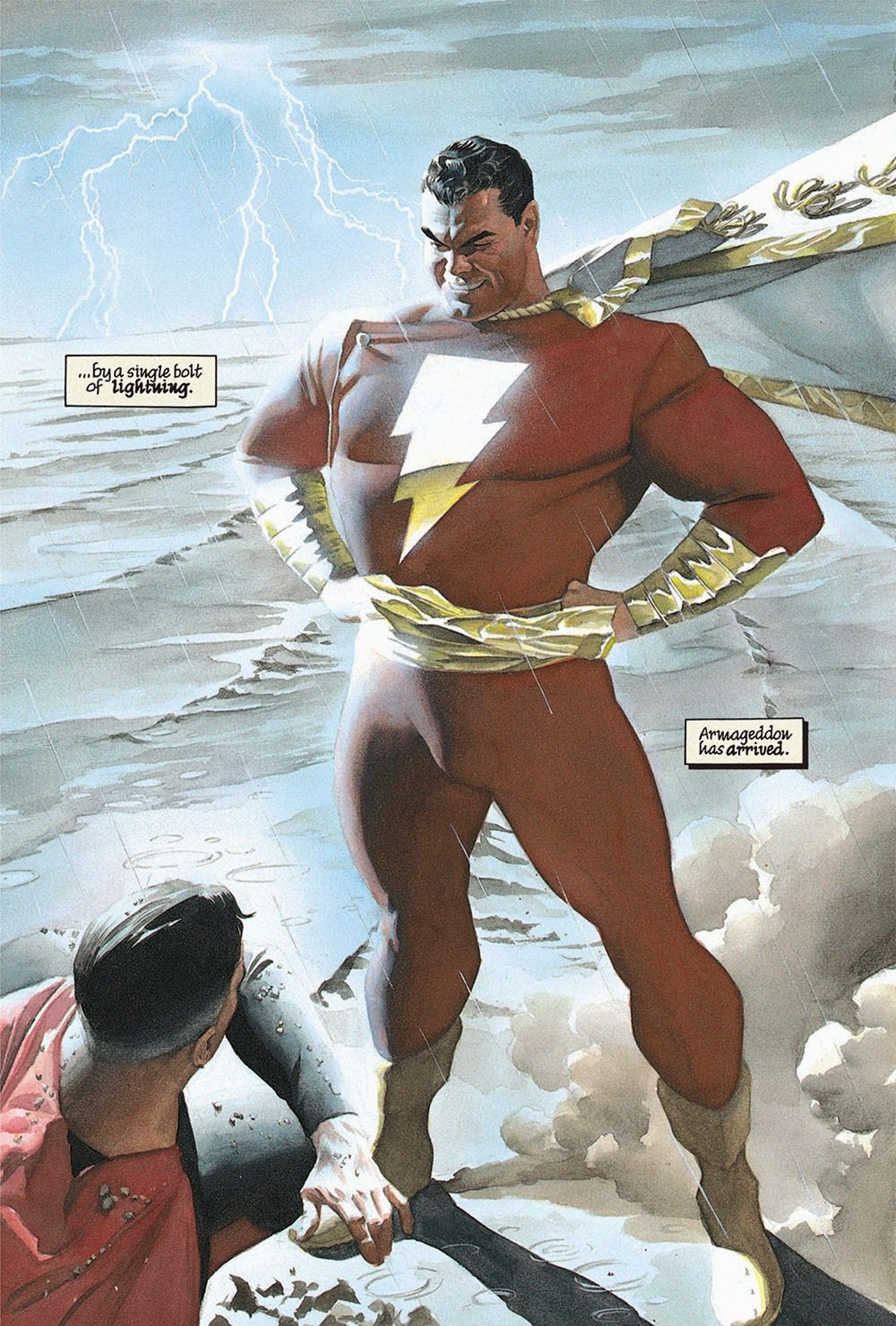Single image of Shazam from Kingdom Come standing on the beach over Superman