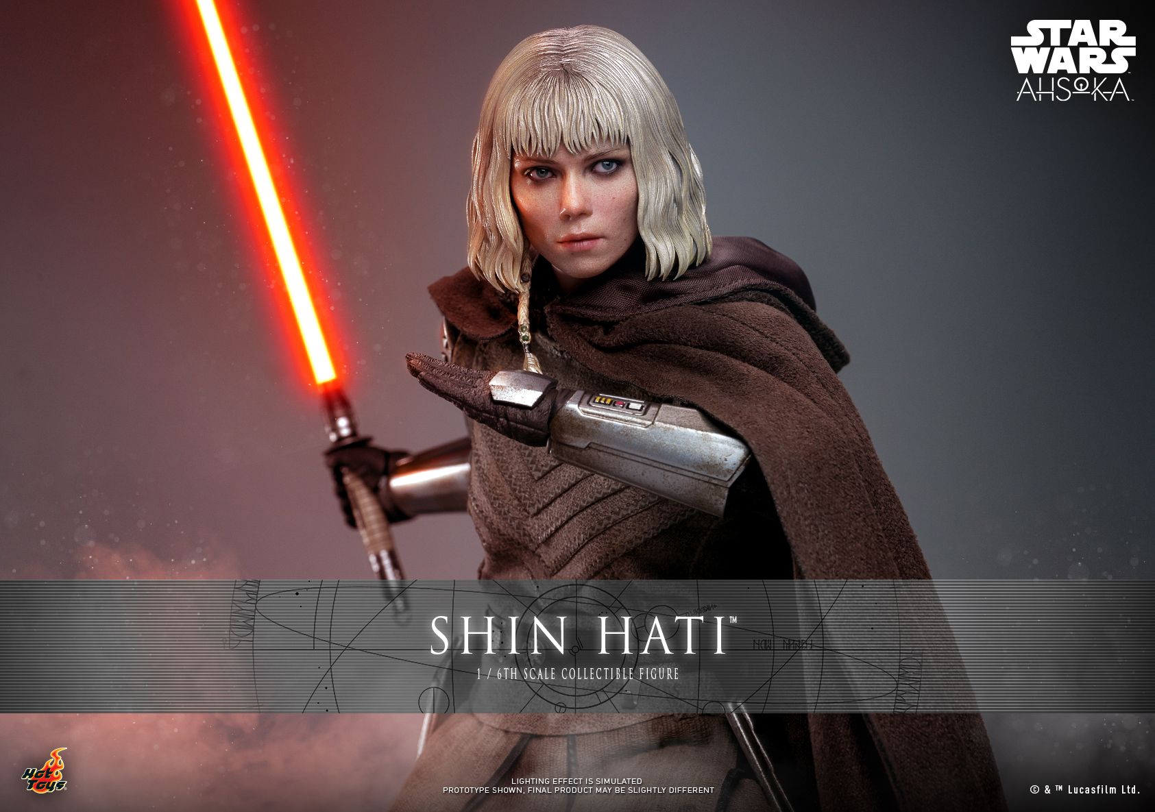 The Hot Toys Shin Hati action figure brandishing her orange lightsaber and blocking with her free arm -
