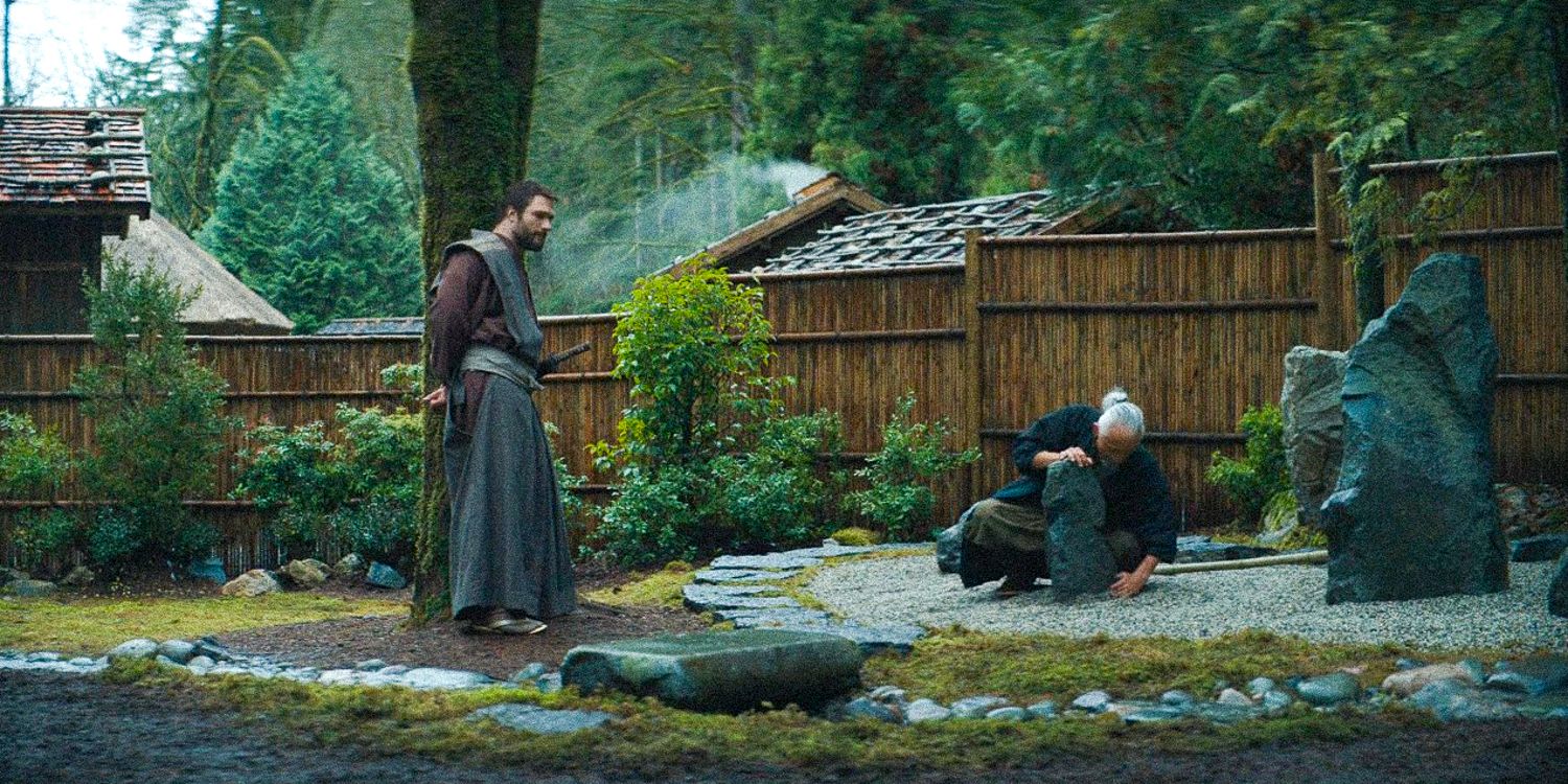 John Blackthorne in the garden watching Uejirou plant a rock in shogun