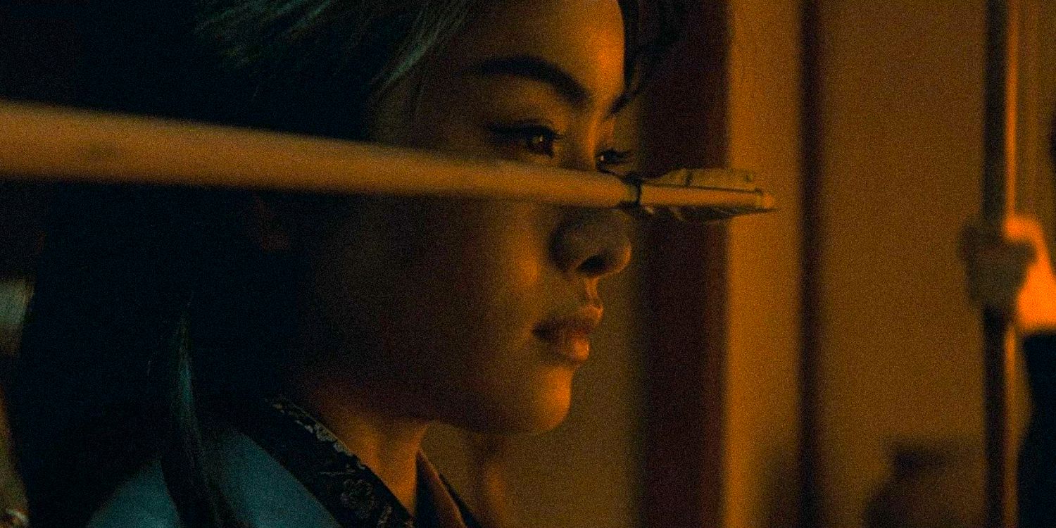 an arrow passing in front of Toda Mariko eyes and nose in shogun