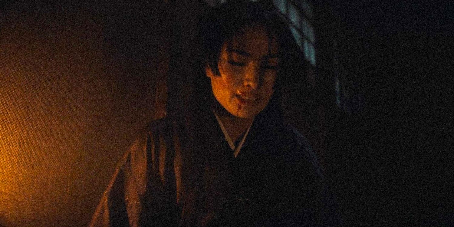 Toda Mariko with a beaten face and blood in her mouth in shogun