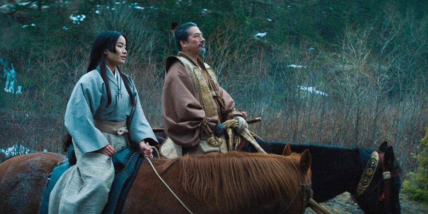 Yoshii Toranaga and Toda Mariko riding horses while chatting in shogun