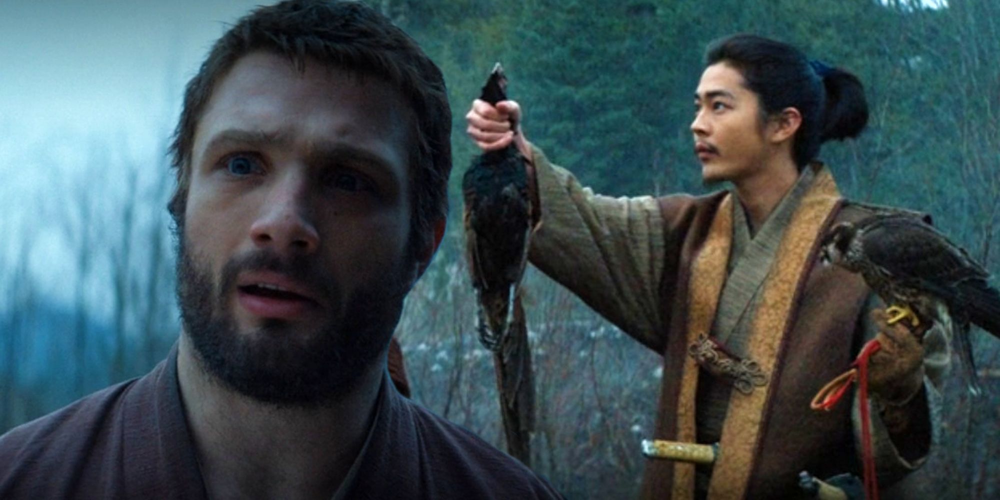 John Blackthorne looking sad next to Nagakado holding up a pheasant with a hawk on his arm in Shogun episode 5