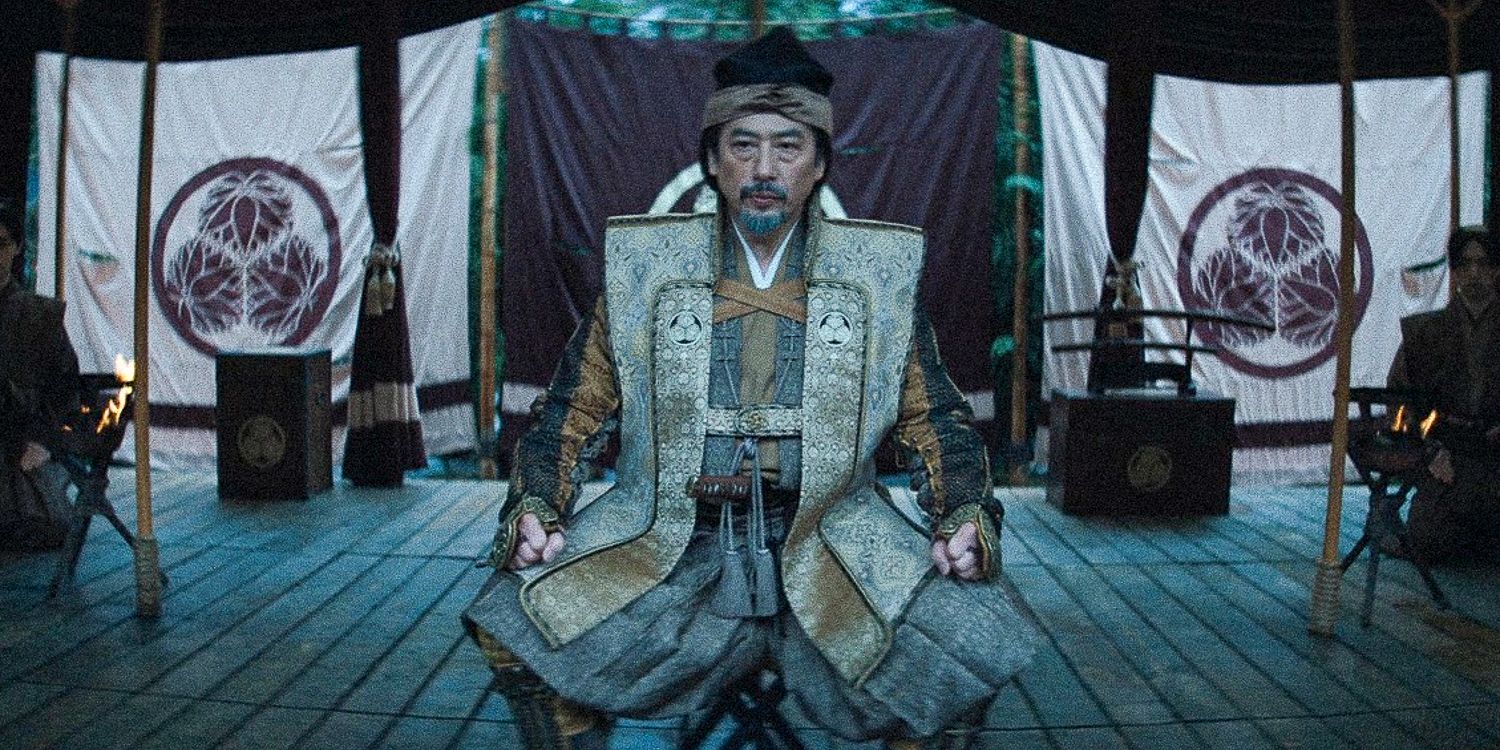 Toranaga sitting in an imposing posture in Shogun season 1 episode 6