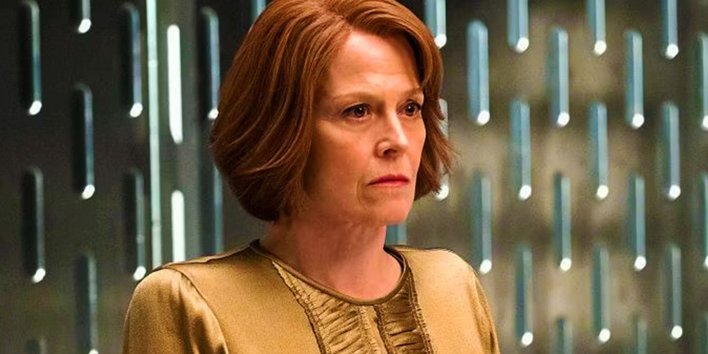 Sigourney Weaver as Alexandra Reid in a gold outfit in The Defenders