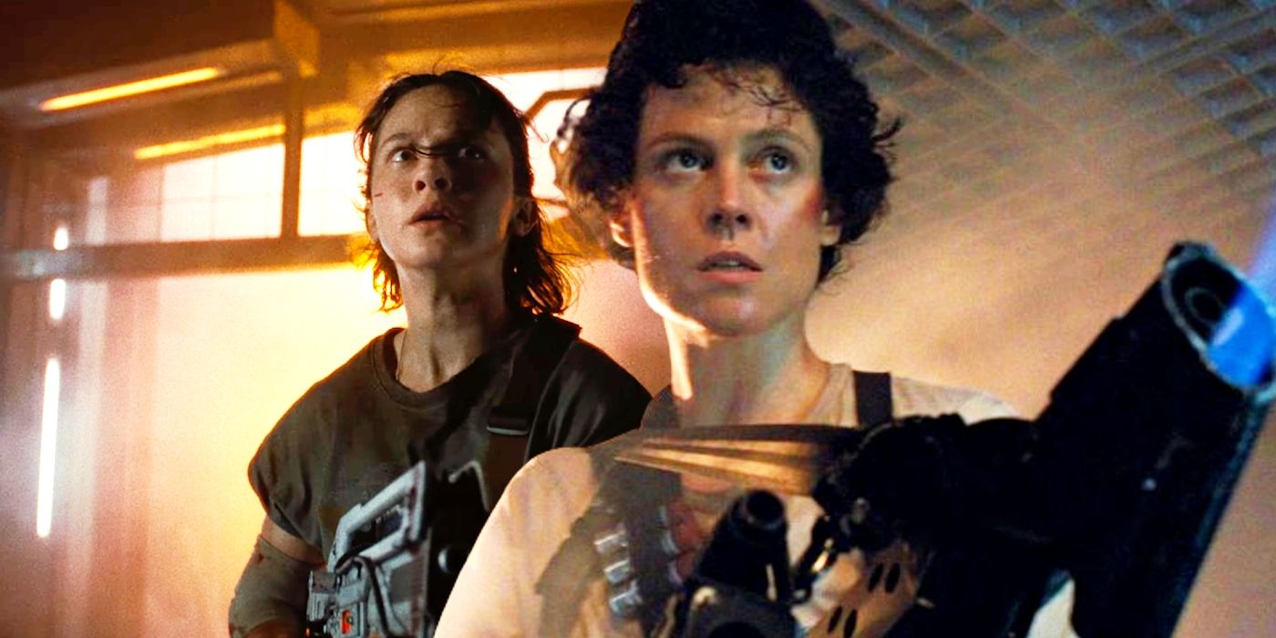 Sigourney Weaver as Ripley in Aliens juxtaposed with Cailee Spaeny as Rain in Alien Romulus