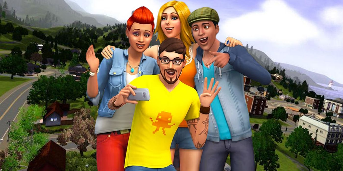 Four characters from The Sims posing for a selfie with The Sims 3's open world location behind them.
