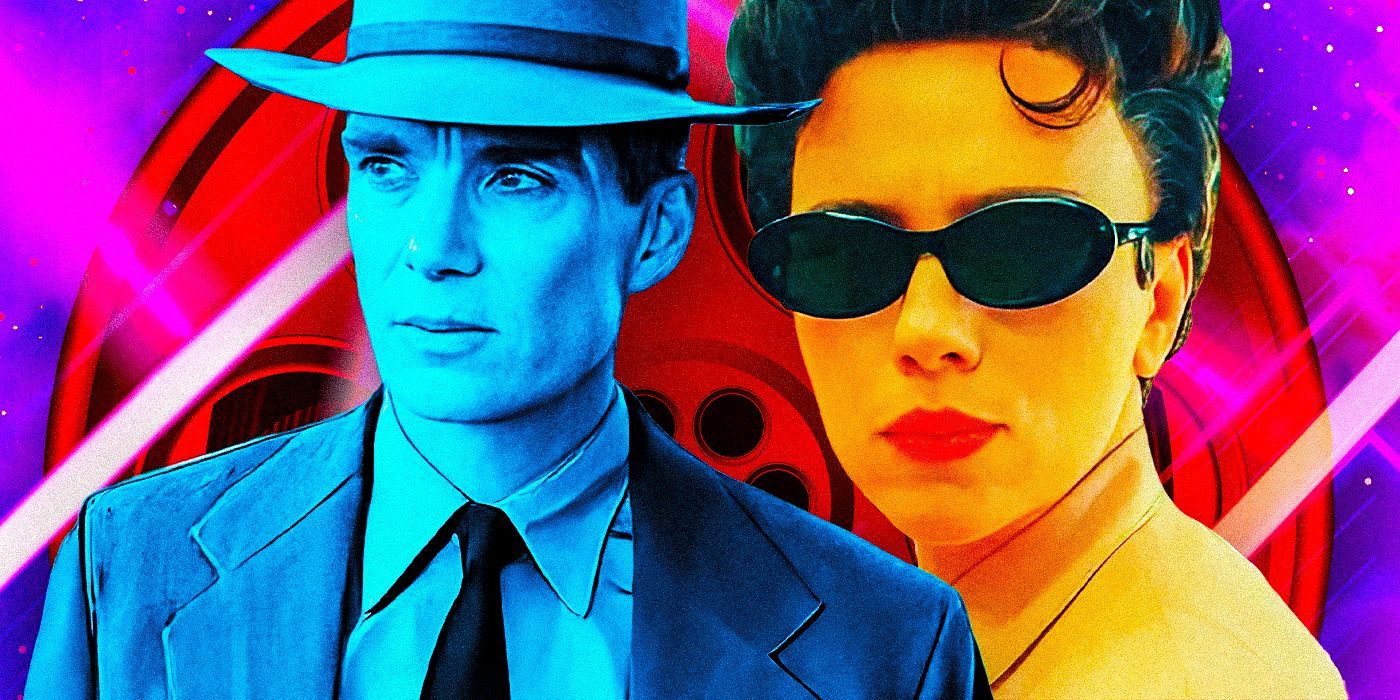 Christopher Nolan's Cillian Murphy Oppenheimer and Wes Anderson character superimposed together over a classic cinema image