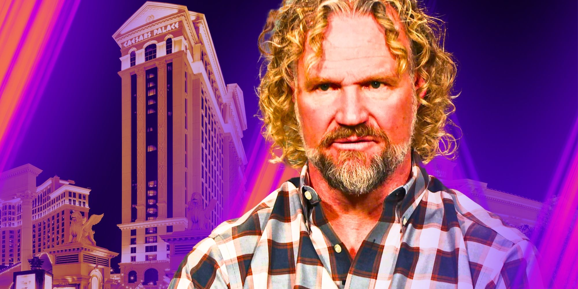 Sister Wives montage, Kody Brown with Caesar's palace building in the purple background