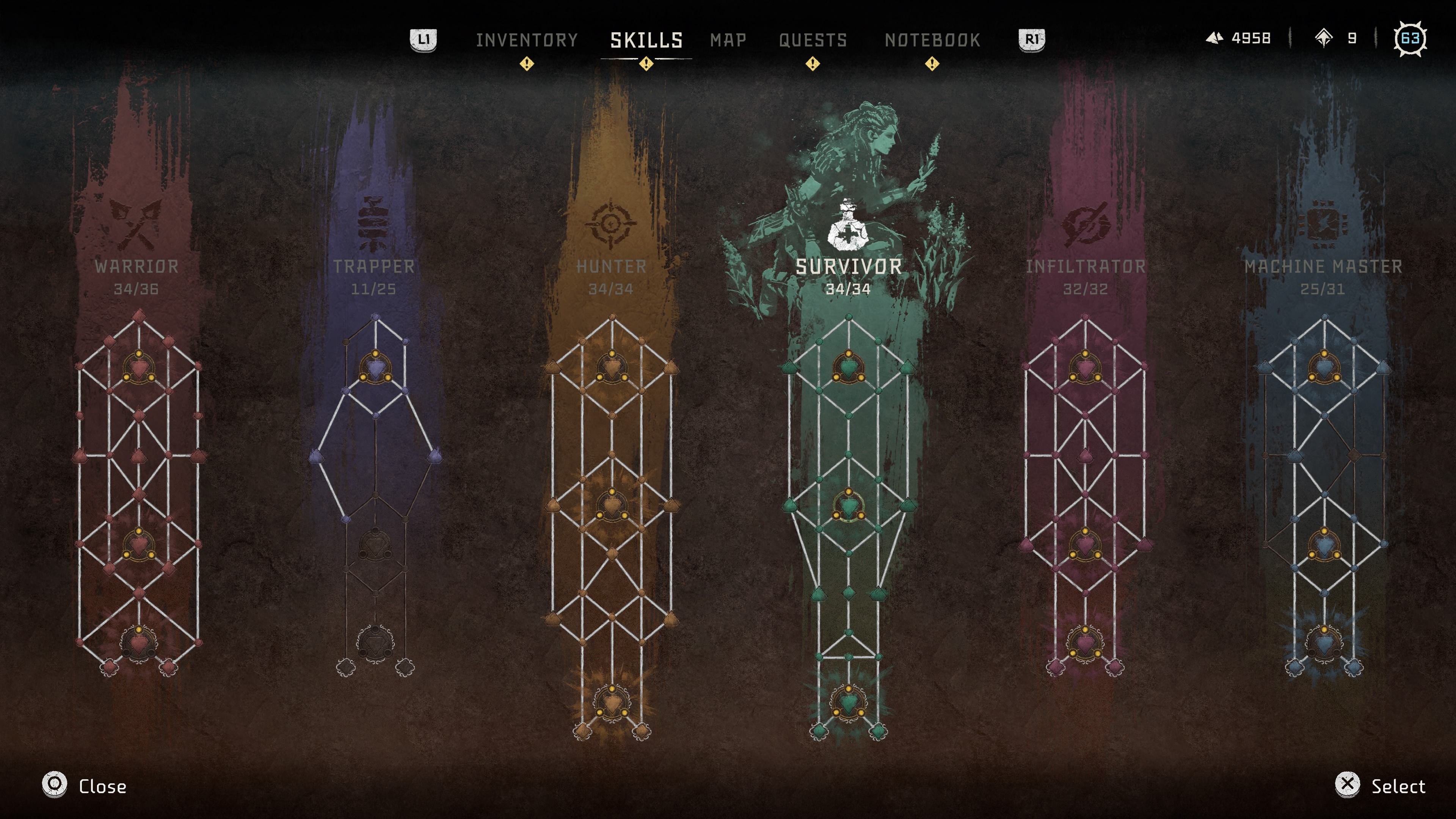 Skill Trees With Skills Unlocked In Horizon Forbidden West At Player Level 63