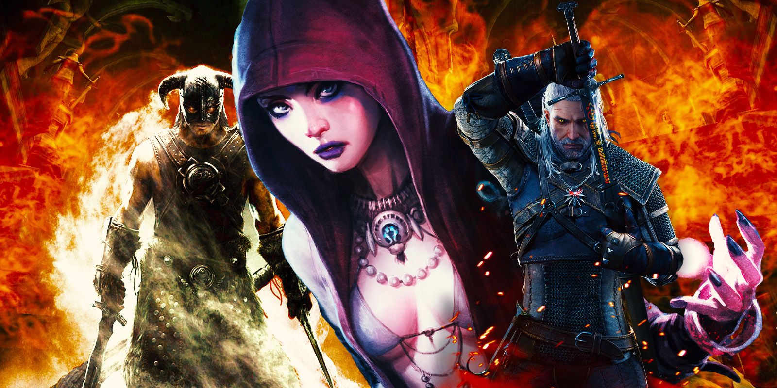 Characters from Skyrim, Dragon Age: Origins, and The Witcher 3 in a collage.