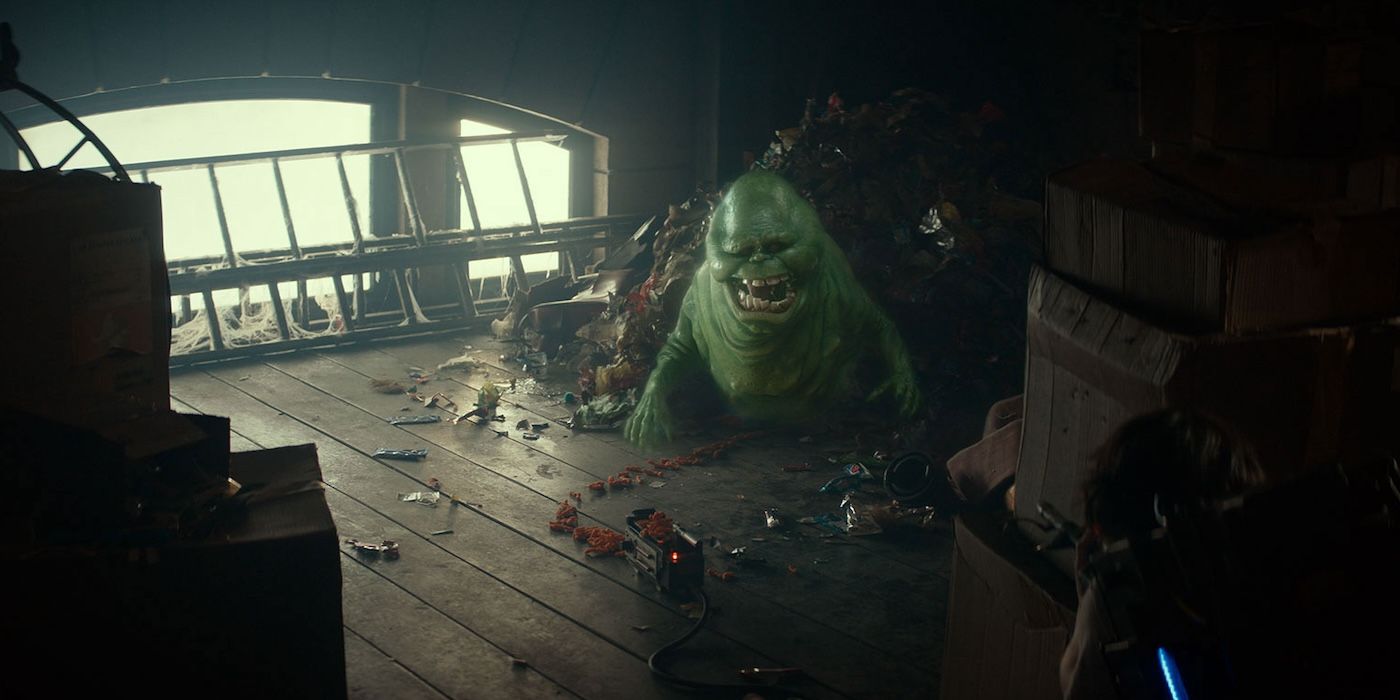 Slimer hanging out in the firehouse attic in Ghostbusters Frozen Empire