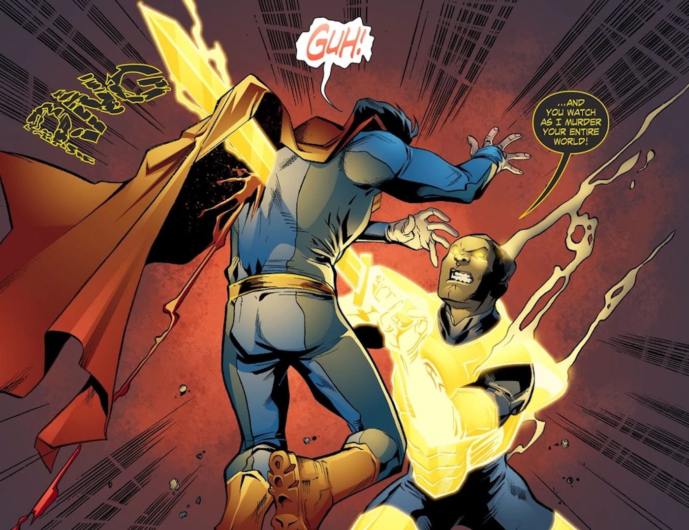 Comic book panel: John Stewart as a Yellow Lantern stabs Superman in Smallville Season 11.