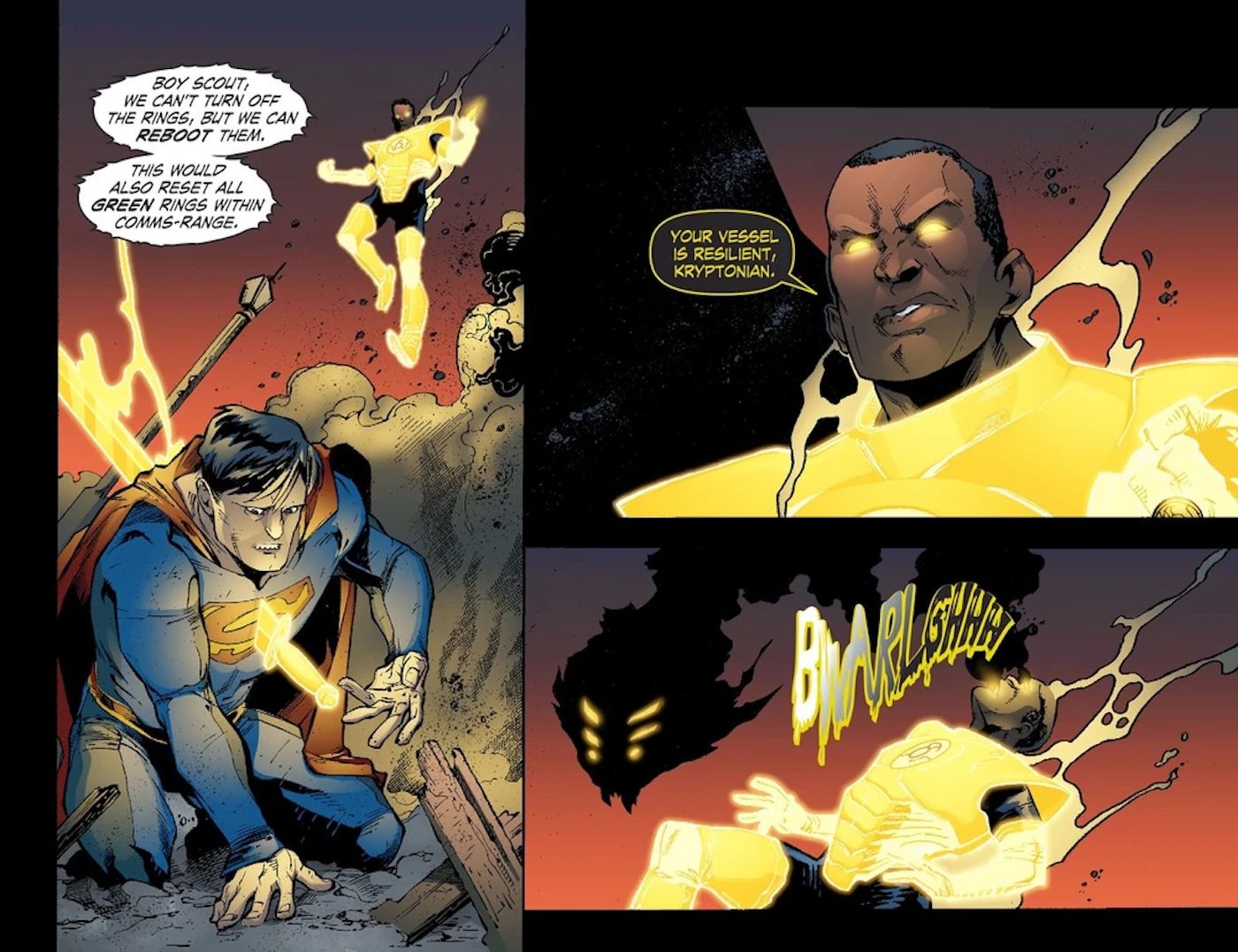 Comic book panels: Superman with a yellow knife in his chest. Parallax leaves John Stewart's body.
