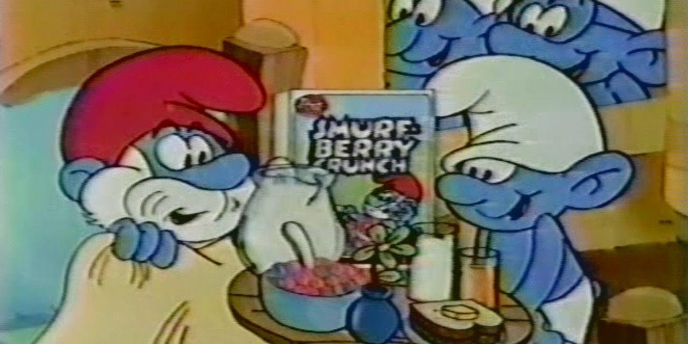 Smurfs prestes a comer cereal Smurf Berry Crunch em um comercial.