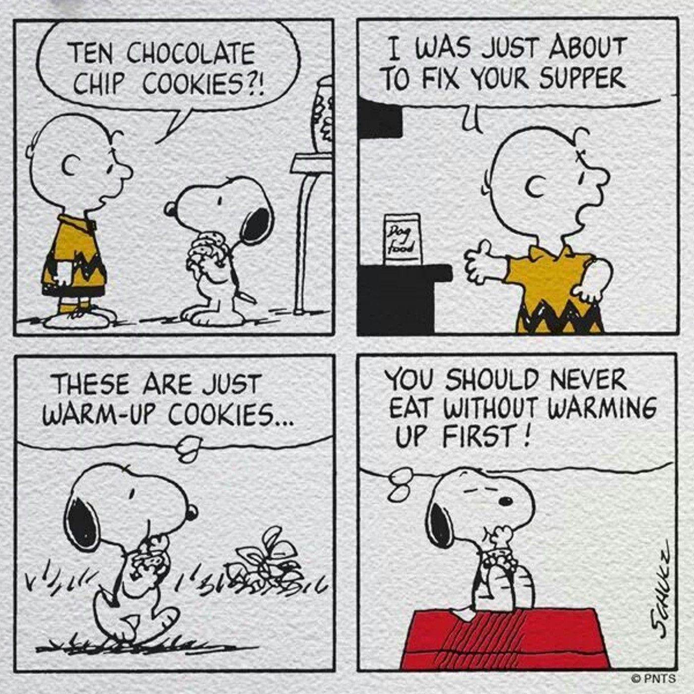 Snoopy comendo biscoitos antes do jantar como aquecimento