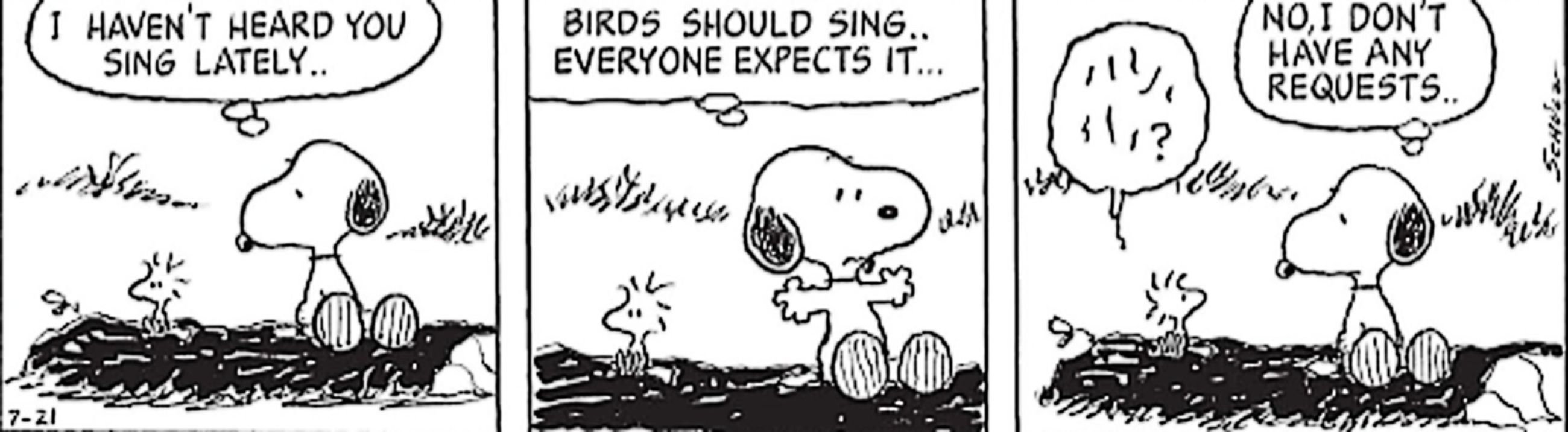 Peanuts, Snoopy tells Woodstock he should sing more