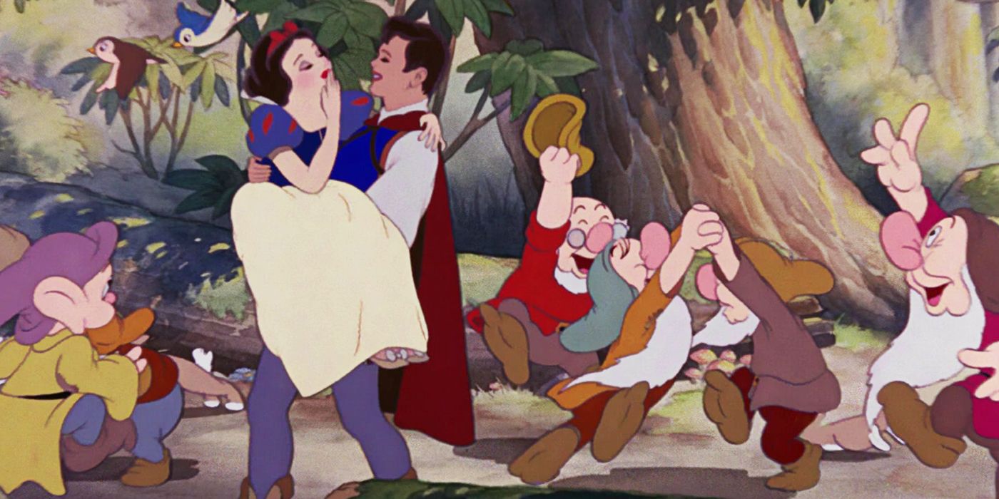Snow White and the Seven Dwarfs ending Snow White and Prince leaving while dwarfs dance