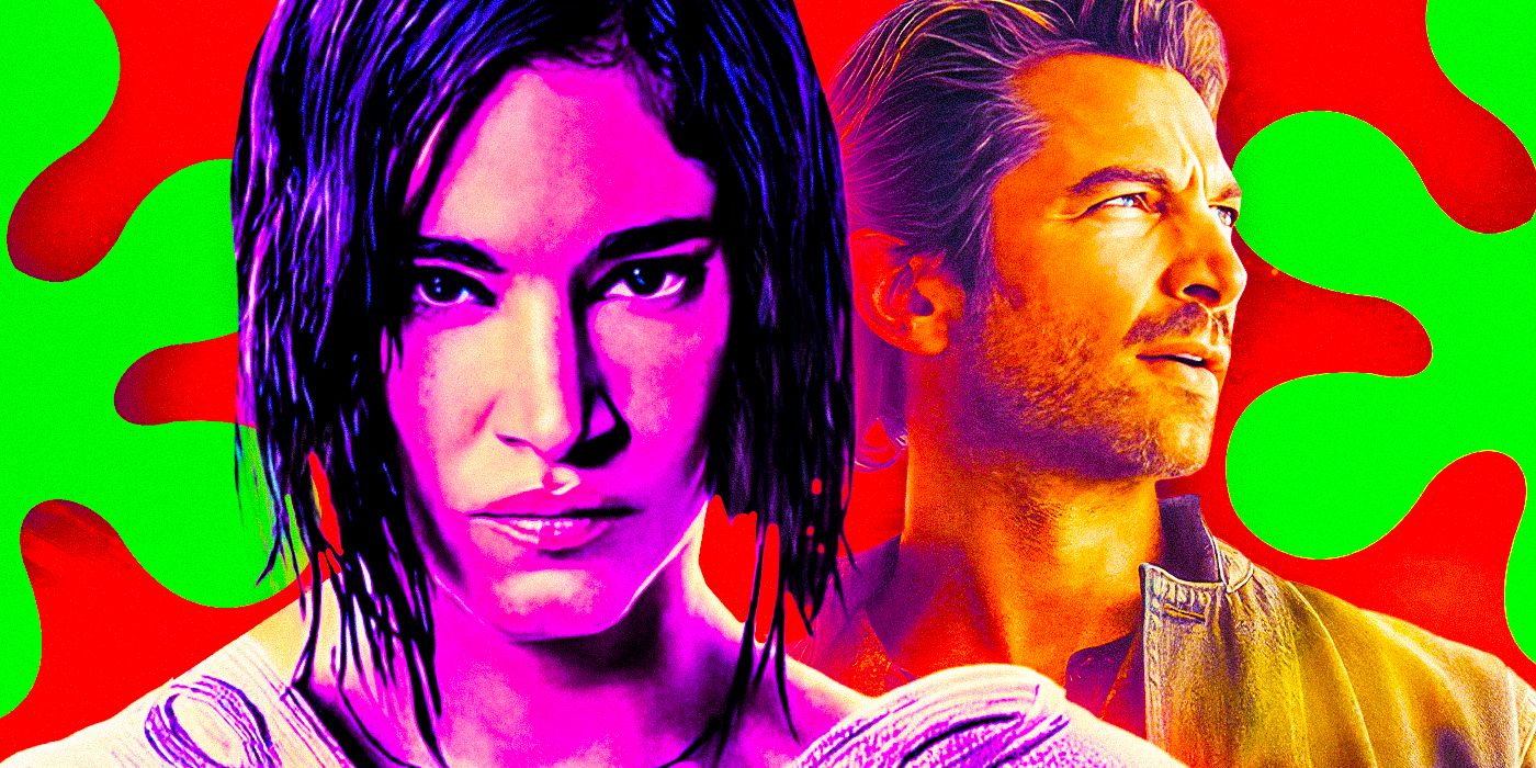 Sofia Boutella as Korra and Michiel Hulsman as Gunnar in Rebel Moon with Rotten Tomatoes logos on either side