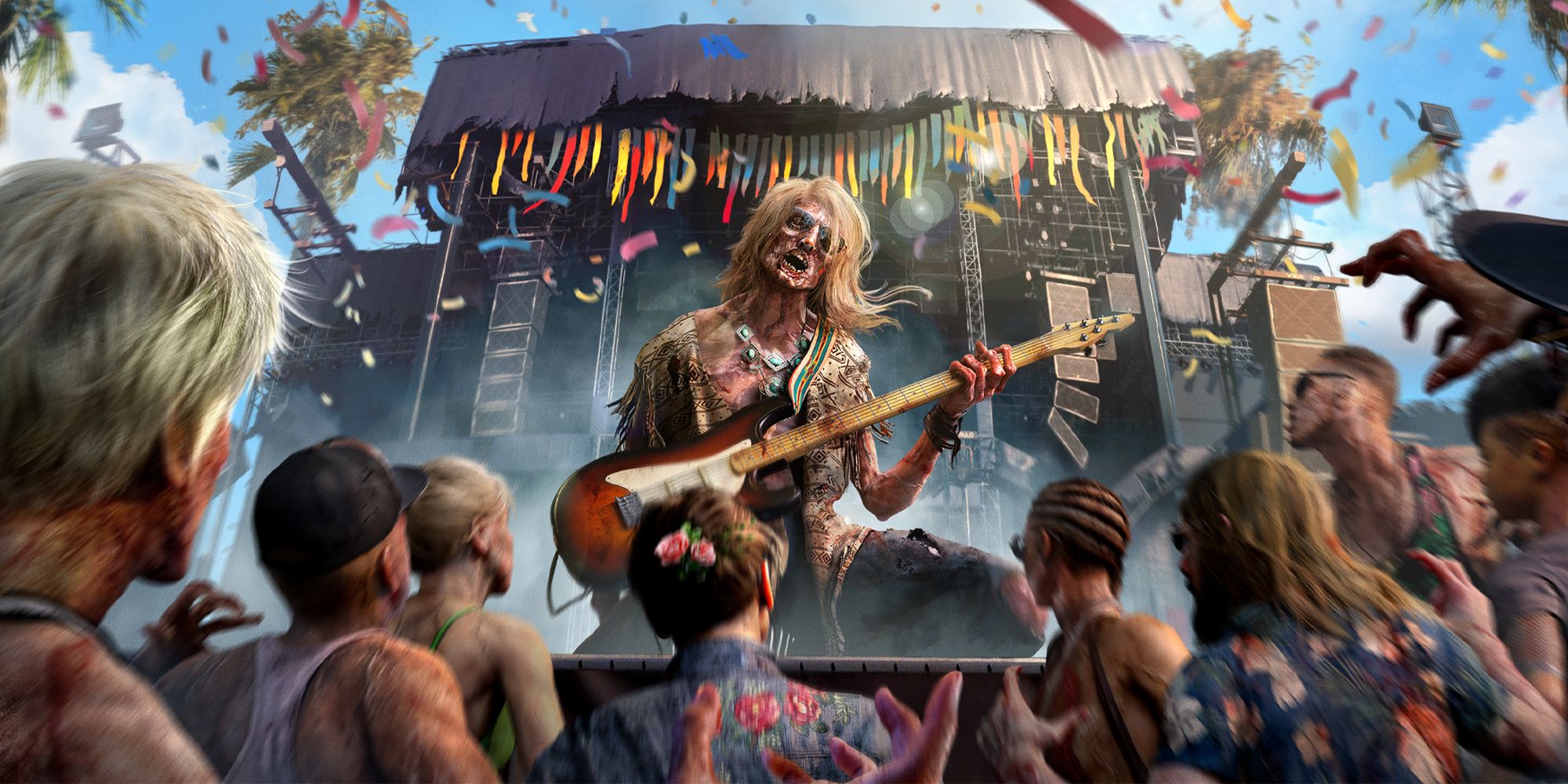 A zombie playing guitar on a festival stage with a crowd of Zombies cheering and reaching up at him