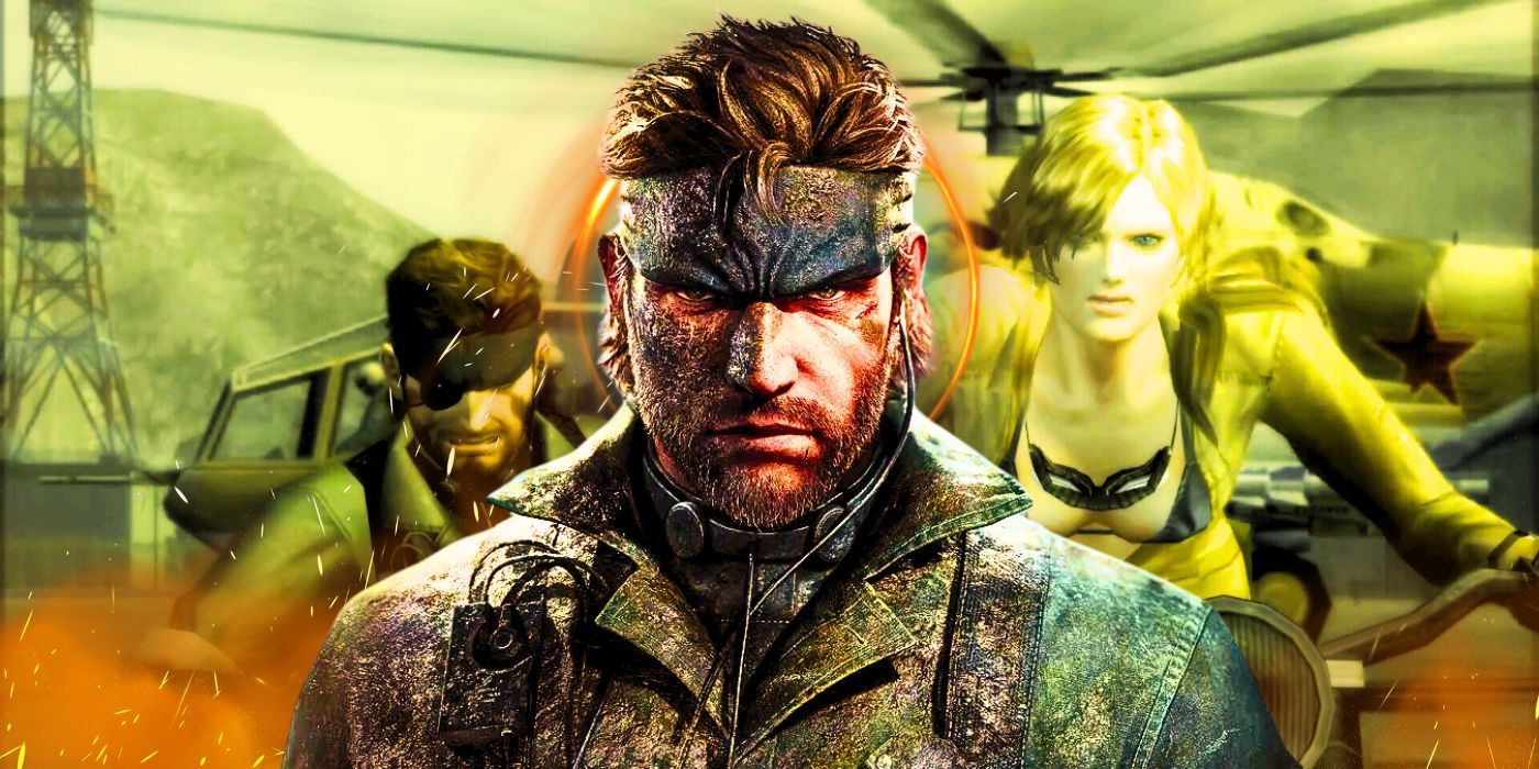 Solid Snake glowering while the cast of MGS 3: Snake Eater in the background