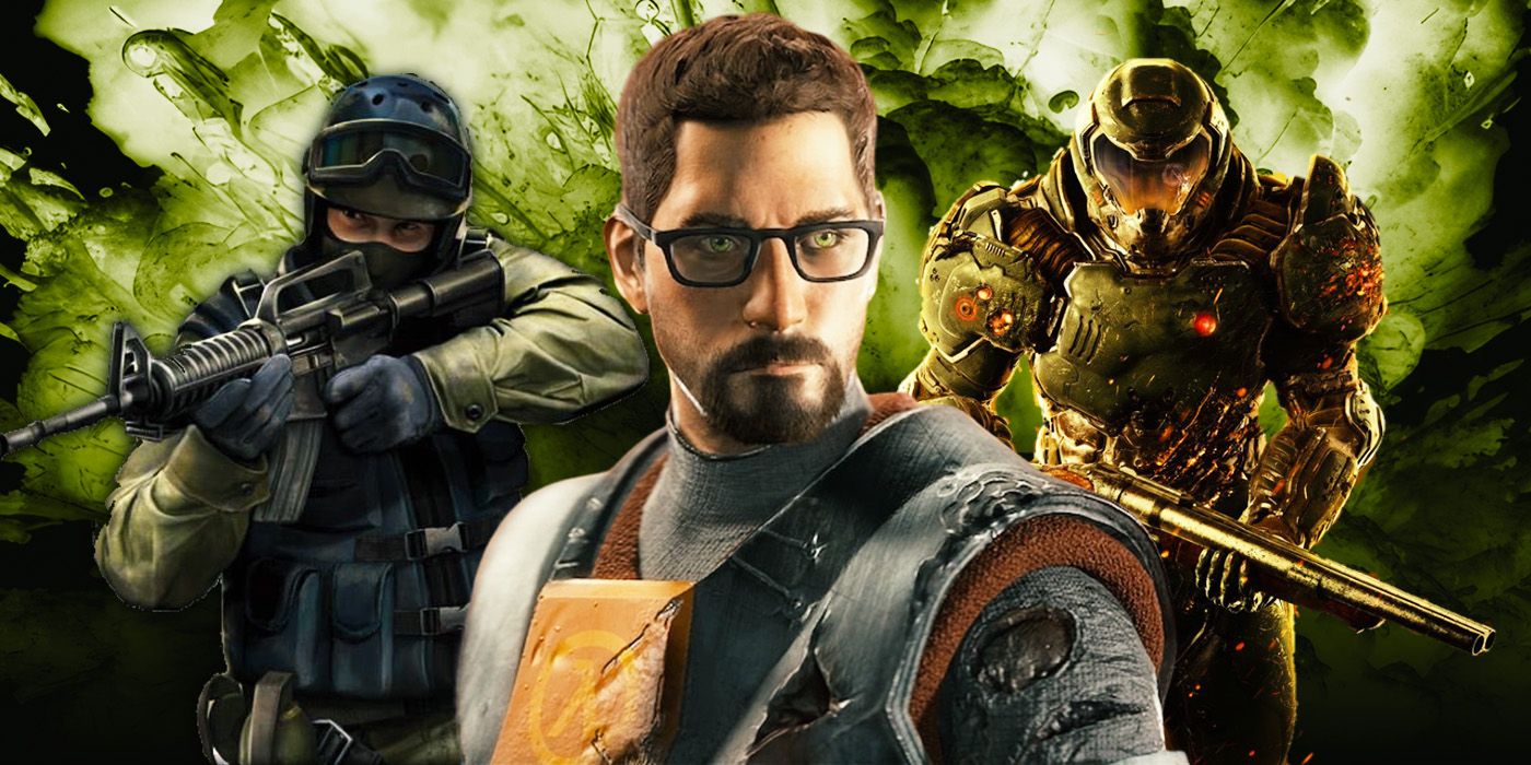 Solider from Counter-strike, Doomguy and Gordan Freeman from Half life 2 standing in front of a green explosion.