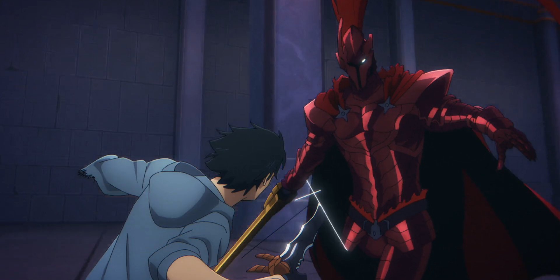 Jinwoo of Solo Leveling fights Igris the Bloodred, with the former using a knife, while the boss wields a sword.