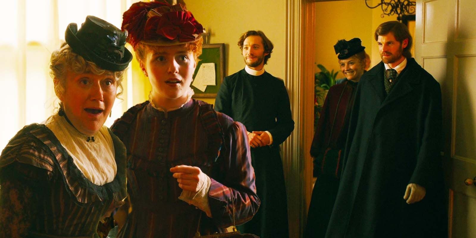 Sophie Thompson as Mrs. Dunn, Hannah Onslow as Emily, Toby Regbo as James Trenchard, Harriet Slater as Clara and Benjamin Wainwright as Frederick Trenchard in Belgravia The Next Chapter episode 8