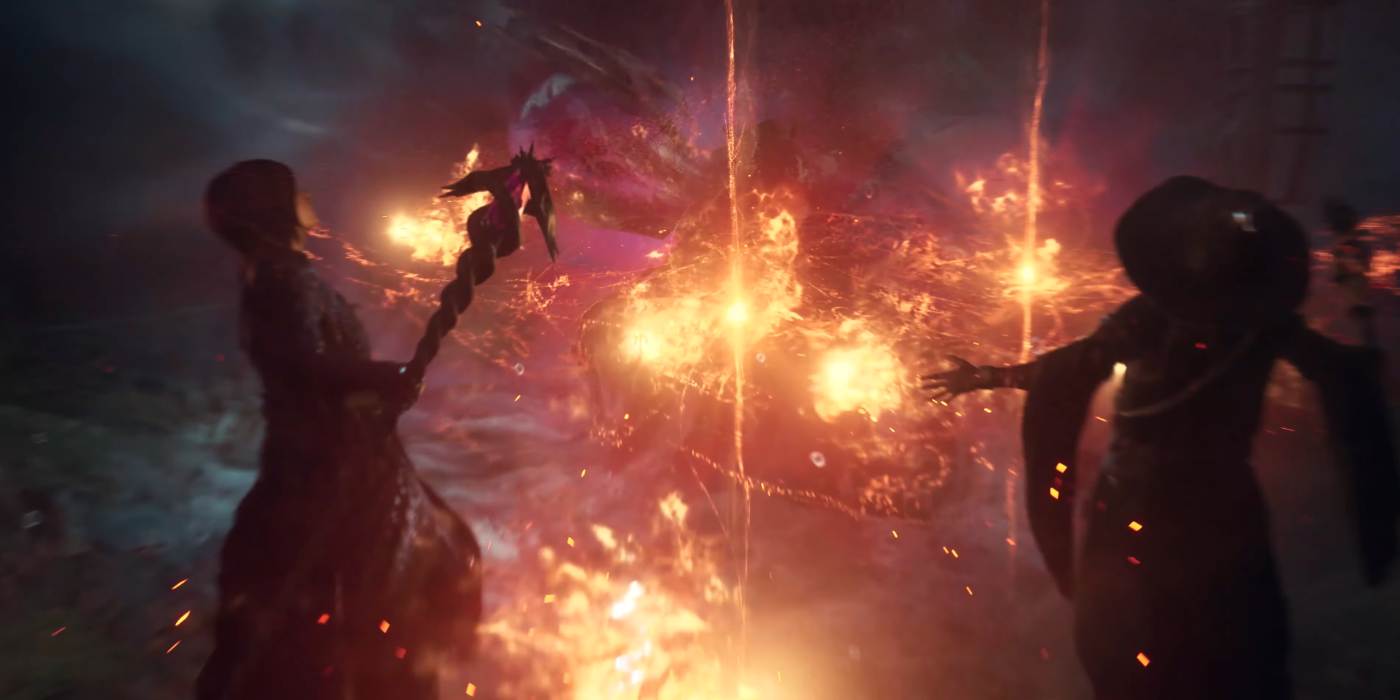 Dois feiticeiros lançando explosão em Dragon's Dogma 2.