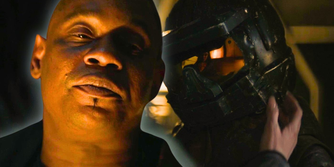 Soren (Bokeem Woodbine) and a boy with Kessler&rsquo;s Master Chief helmet in Halo season 2