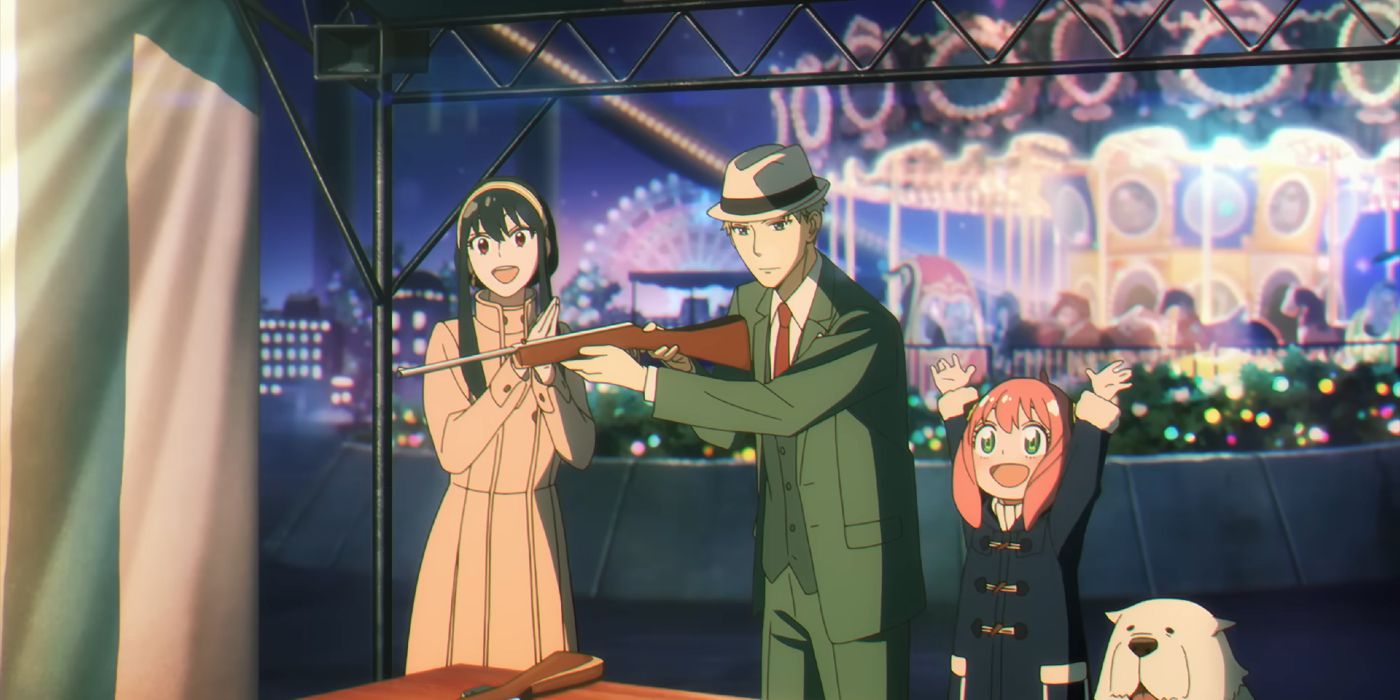 The Forger Family at the Fair in Souvenir, with Loid playing a shooting range game.