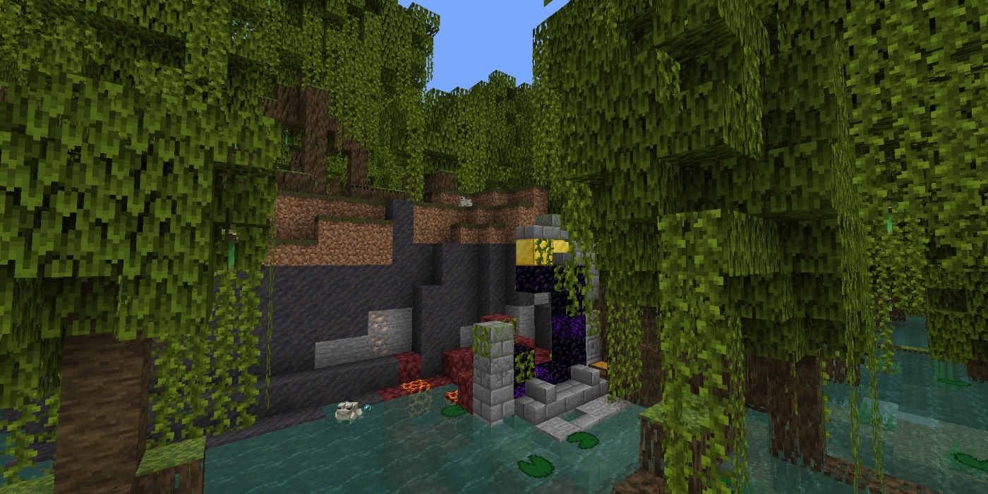 A spawn point in a mangrove swamp. Nether portals are incomplete.