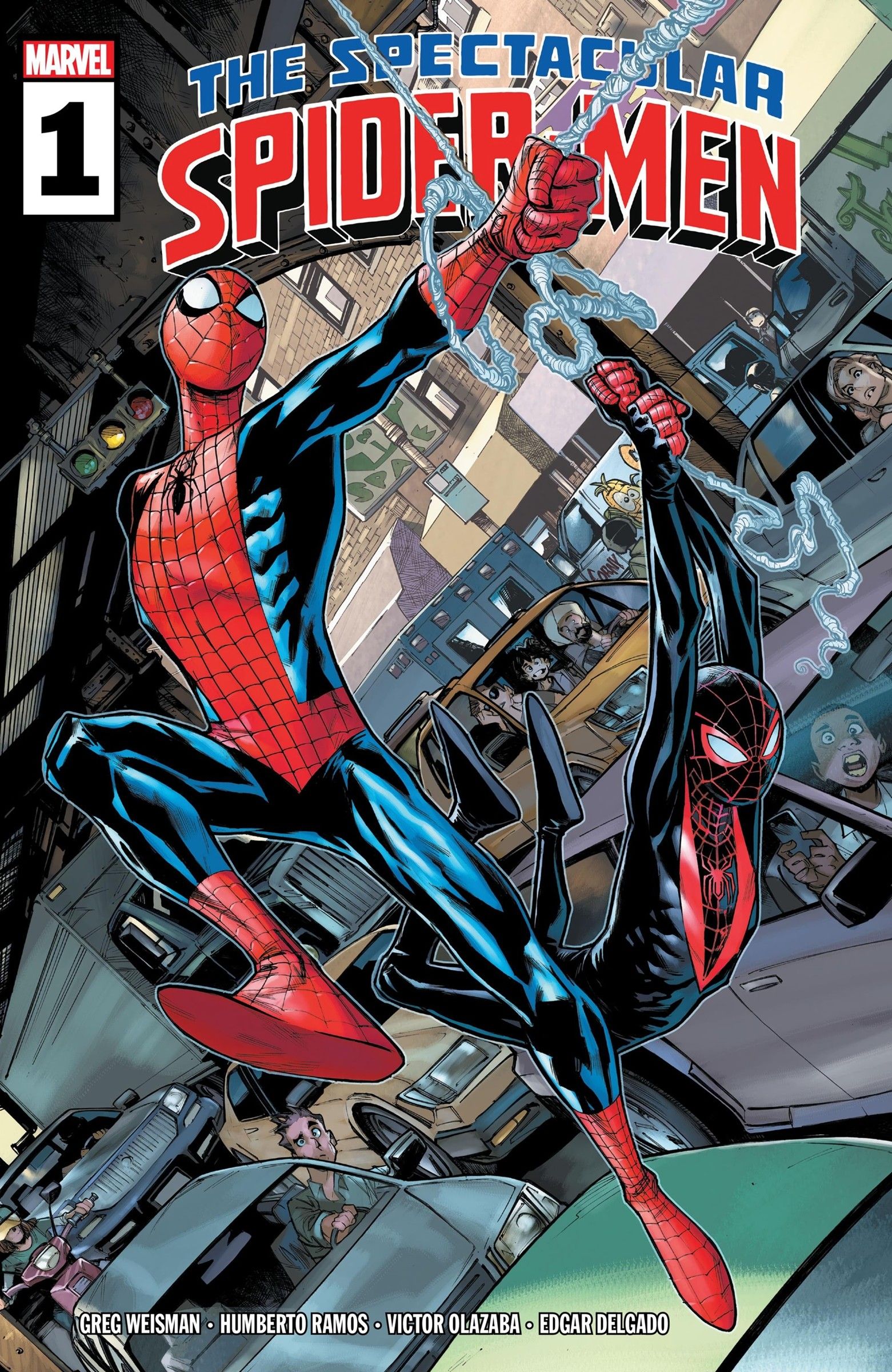 Spectacular Spider-Men #1 cover featuring Peter and Miles swinging into action