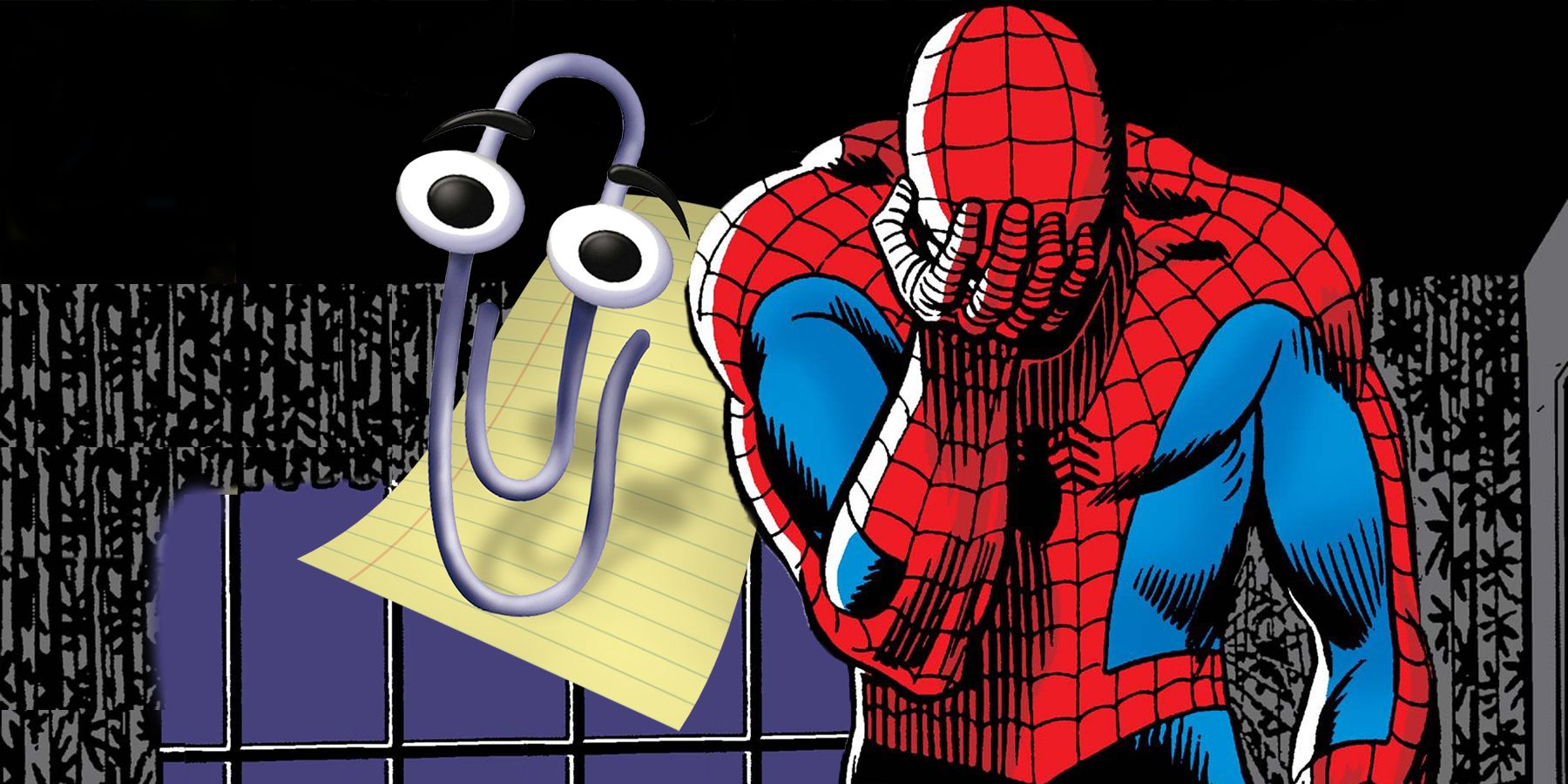 Spider-Man holds his head in his hands, as Microsoft Word's Clippy hovers behind him. Comp made from John Romita's cover of Spider-Man (1969) #75