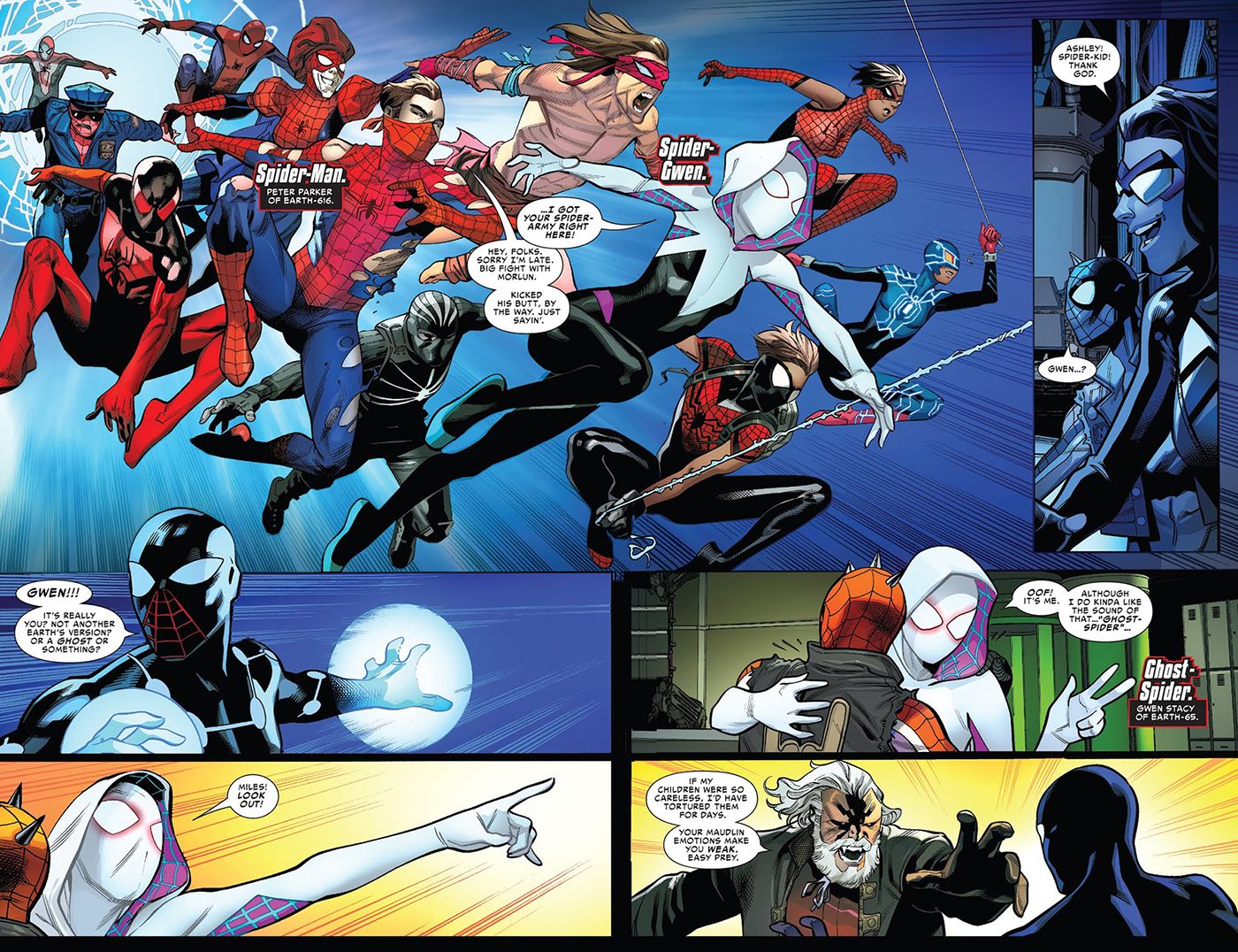 Spider-Geddon #5 two-page spread of Gwen Stacy arriving with an army including Peter Parker, Spider-Ma'am, and Spider-Cop. She hugs Spider-Punk and warns Miles to look out