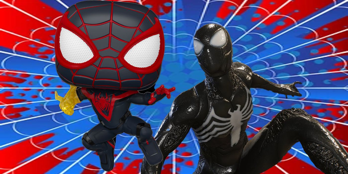 Peter in his Black suit from Spider-Man 2 looking at a Funko version of Miles from the Miles Morales game