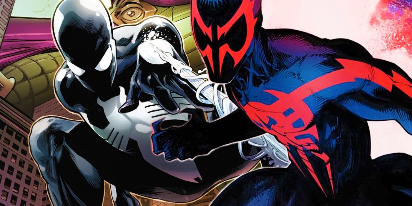 Spider-Man 2099 ready with claws out next to a jumping Symbiote Spider-Man shooting webs