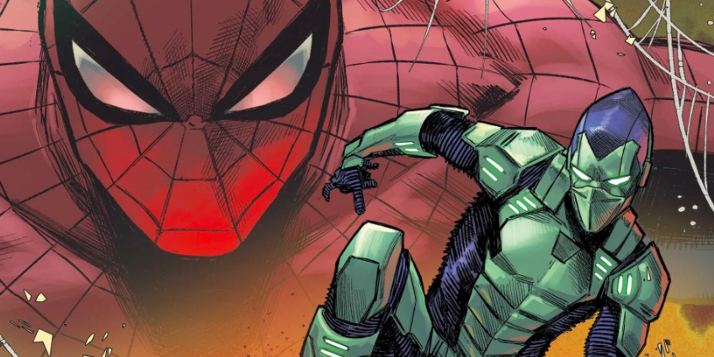 Ultimate Spider-Man looms behind the Ultimate Green Goblin.