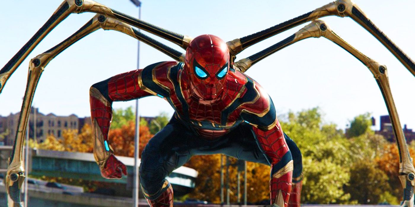 Homem-Aranha em seu traje de Aranha de Ferro em Homem-Aranha No Way Home