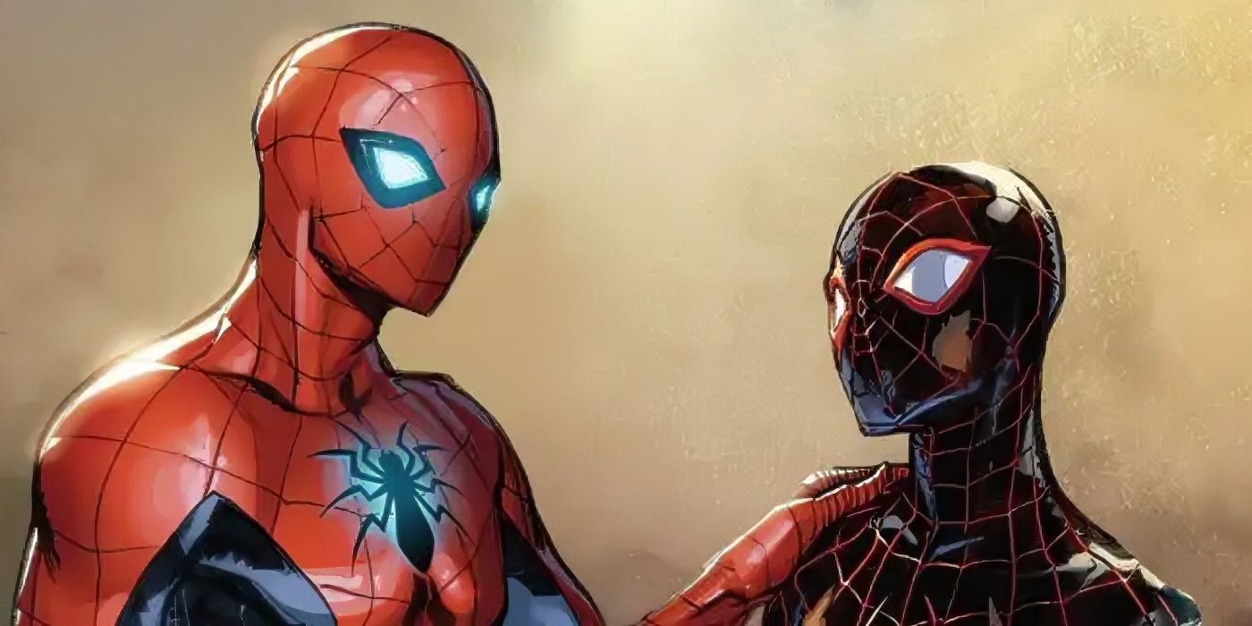 Peter Parker com a mão no ombro de Miles Morales.