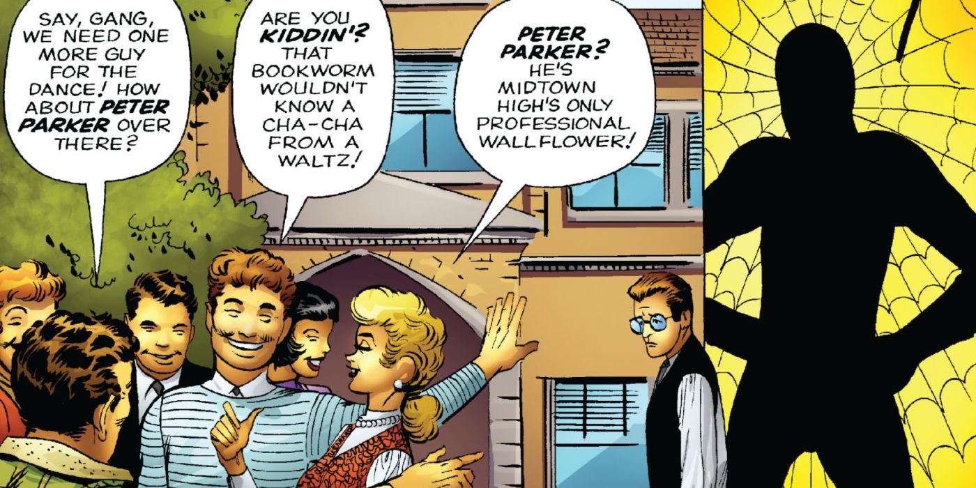 Peter Parker being made fun of with the shadow of Spider-Man behind him.